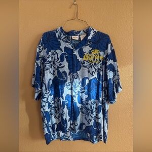 Corona Extra Men Collared Rayon Shirt Blue Yellow Hawaiian Vacation Beer L